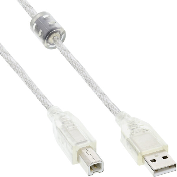 InLine® USB 2.0 Kabel, A an B, transparent, mit Ferritkern, 0,5m