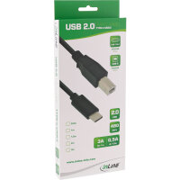 InLine® USB 2.0 Kabel, USB-C Stecker an B Stecker, schwarz, 0,5m