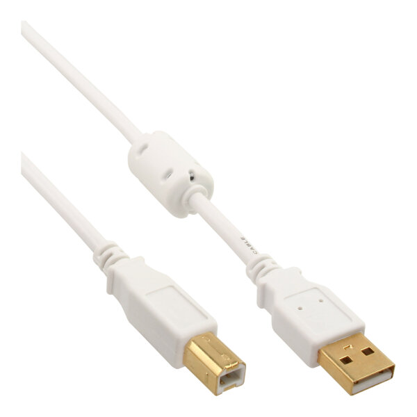 InLine® USB 2.0 Kabel, A an B, weiß / gold, mit Ferritkern, 10m