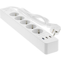 InLine® Steckdosenleiste, 5-fach Schutzkontakt, Überspannungsschutz und QuickCharge USB, mit Schalter, 1,5m, weiß