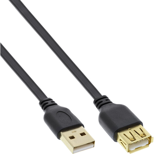 InLine® USB 2.0 Flachkabel Verlängerung, A Stecker / Buchse, schwarz, Kontakte gold, 1,5m