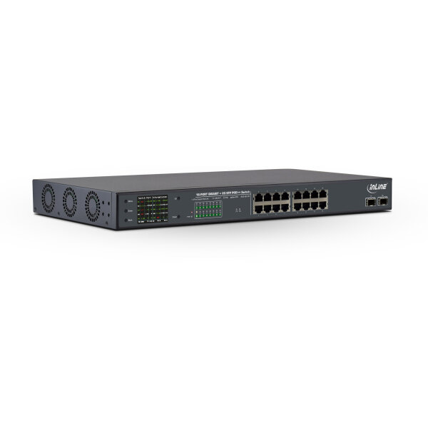 InLine® PoE++ Gigabit Netzwerk Switch 16 Port, 1Gb/s, 2xSFP, 19" 1HE, Metall, Lüftersteuerung, mit Display, Passwortschutz, 300W