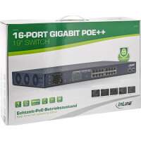 InLine® PoE++ Gigabit Netzwerk Switch 16 Port, 1Gb/s, 2xSFP, 19" 1HE, Metall, Lüftersteuerung, mit Display, Passwortschutz, 300W