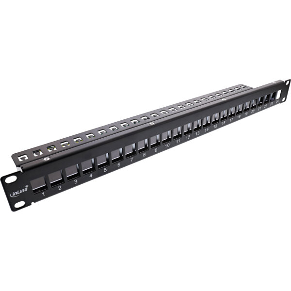 InLine® Patchfeld 24-fach, Keystone Snap-In Leerblech Patchpanel, 48,26cm (19"), 1HE, schwarz