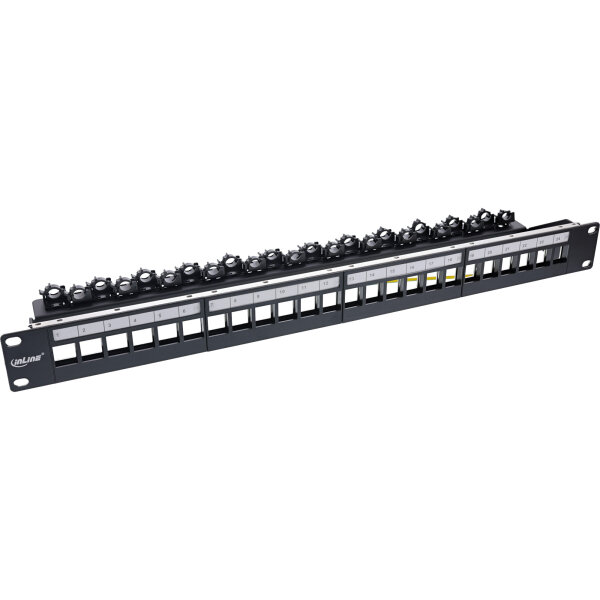 InLine® Patchfeld 24-fach, Keystone Leerblech Patchpanel, 19", 1HE, schwarz RAL9005