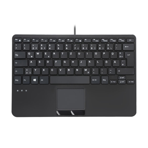 Perixx PERIBOARD-525 DE B, Kabelgebundene Mini-USB-Tastatur mit Touchpad, Scherentasten, 2 integrierte USB-Anschlüsse, schwarz